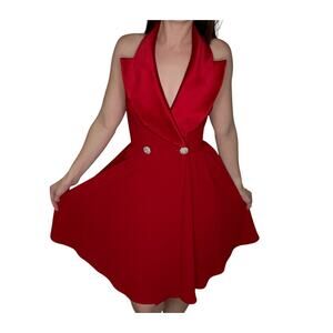 Vtg 80s/90s Huey Waltzer Red Satin Halter Cocktail Mini Dress US 2 Holiday Xmas